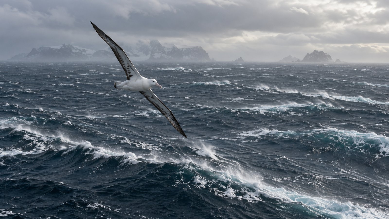 An albatross soaring over a rough ocean with snow-covered mountains in the distance