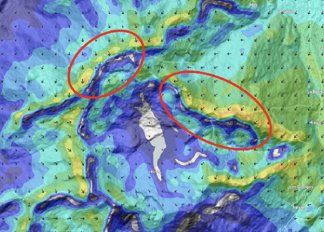 Wind forecast near Mex and Salvan, with lee-side recirculation highlighted in red