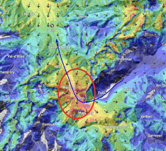 Wind forecast and flight track near Bex, with a 50 km/h headwind highlighted